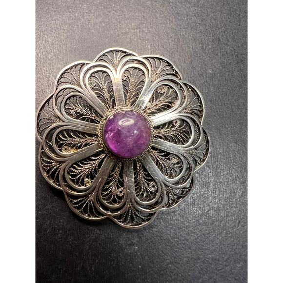 Vintage filigree amethyst sterling silver brooch made in Jerusalem - Picture 9 of 12